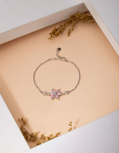 925 Ayar Pembe Taşlı Rodyum Lotus Çiçeği Gümüş Bileklik