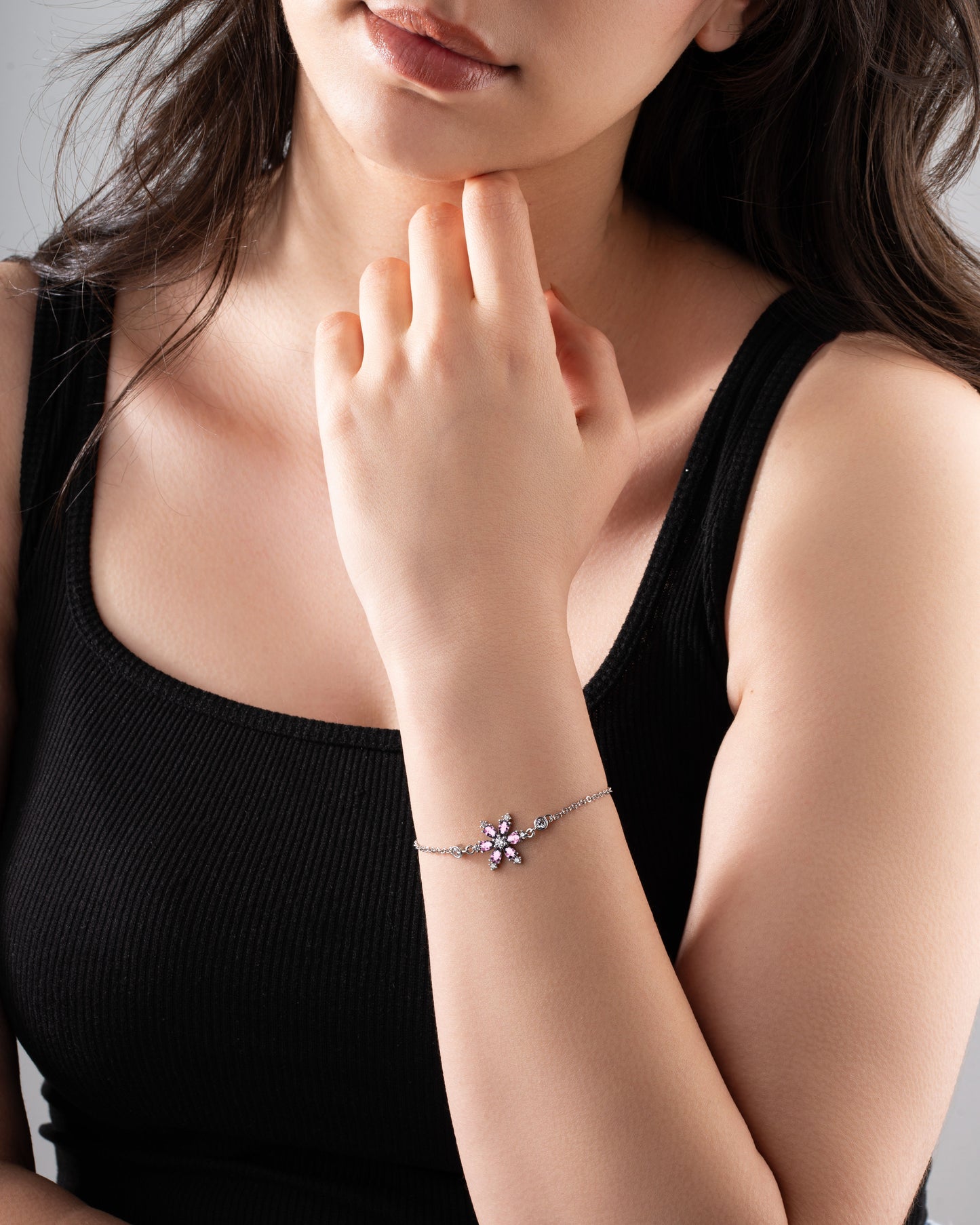 925 Ayar Pembe Taşlı Rodyum Lotus Çiçeği Gümüş Bileklik
