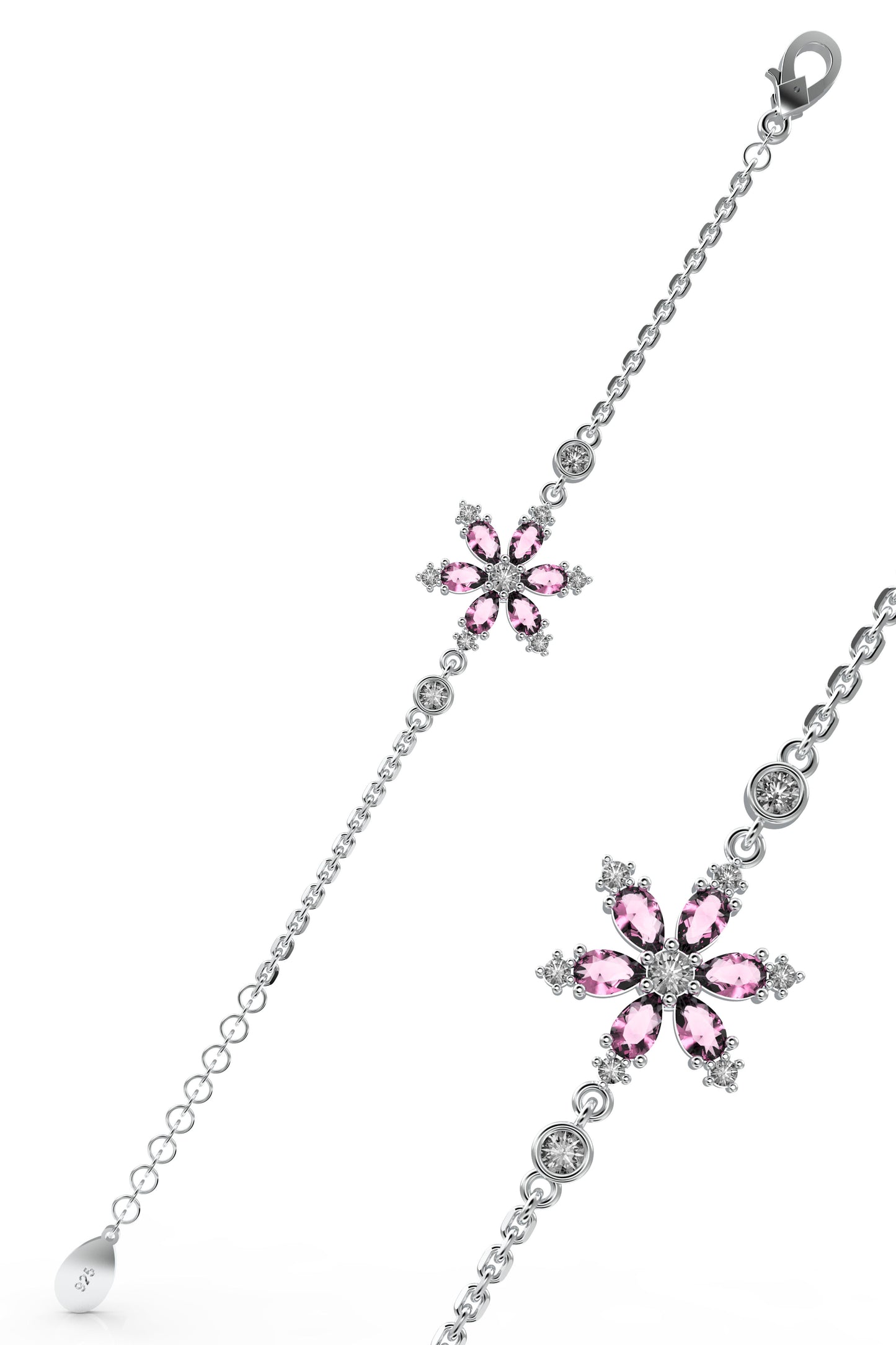 925 Ayar Pembe Taşlı Rodyum Lotus Çiçeği Gümüş Bileklik