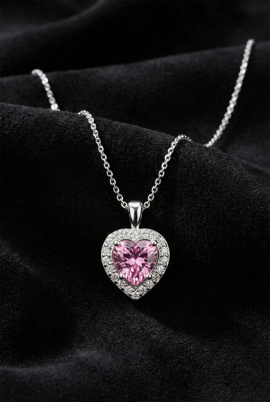 925 Ayar Pembe Taşlı Rodyum Pırlanta Görünümlü Kalp Gümüş Kolye