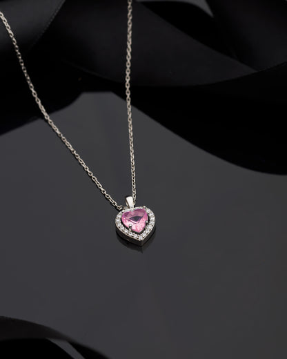 925 Ayar Pembe Taşlı Rodyum Pırlanta Görünümlü Kalp Gümüş Kolye