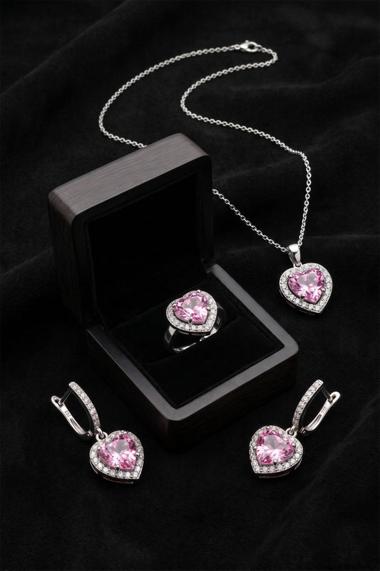 925 Ayar Pembe Taşlı Rodyum Pırlanta Işıltılı Kalp 3'lü Gümüş Set-Takım *Ayarlanabilir