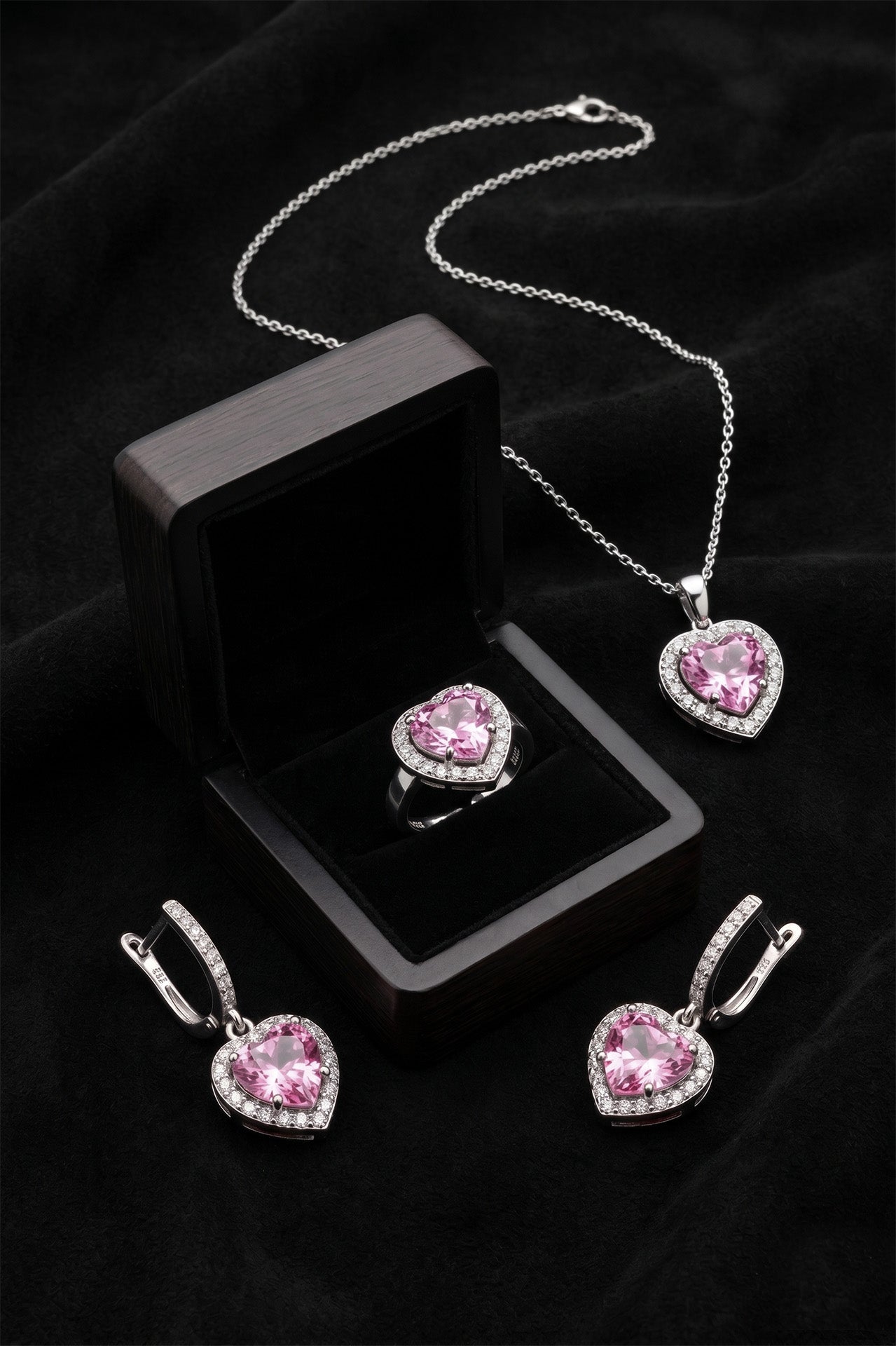 925 Ayar Pembe Taşlı Rodyum Pırlanta Işıltılı Kalp 3'lü Gümüş Set-Takım *Ayarlanabilir
