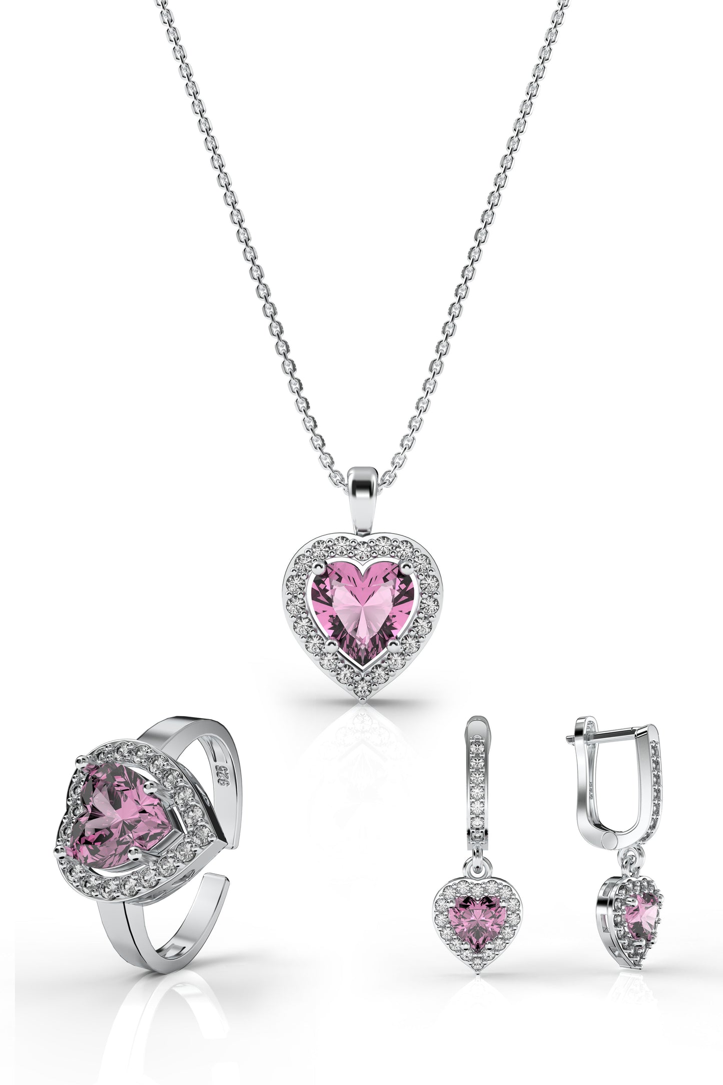 925 Ayar Pembe Taşlı Rodyum Pırlanta Işıltılı Kalp 3'lü Gümüş Set-Takım *Ayarlanabilir