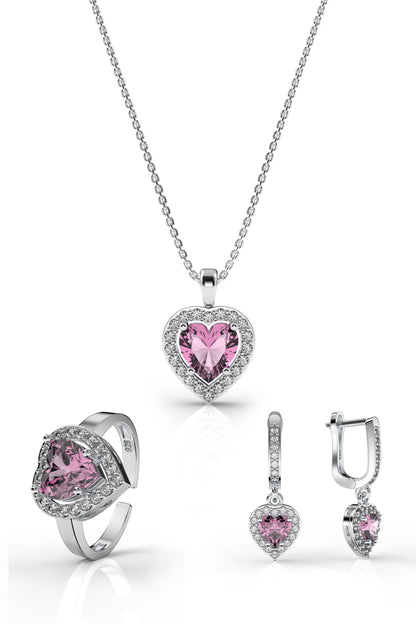 925 Ayar Pembe Taşlı Rodyum Pırlanta Işıltılı Kalp 3'lü Gümüş Set-Takım *Ayarlanabilir