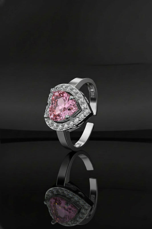 925 Ayar Pembe Taşlı Rodyum Pırlanta Işıltılı Kalp Ayarlanabilir Gümüş Yüzük