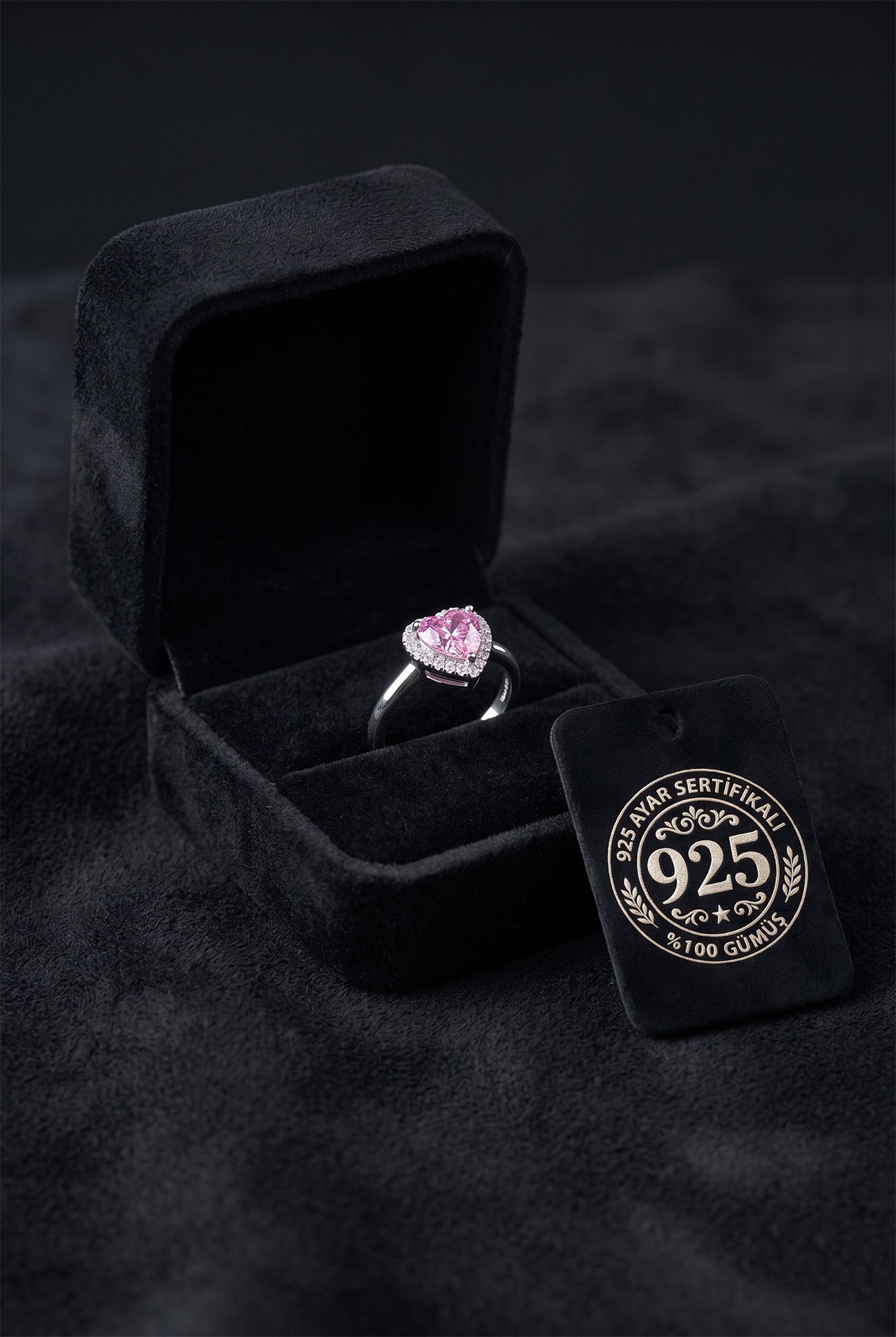 925 Ayar Pembe Taşlı Rodyum Pırlanta Işıltılı Kalp Ayarlanabilir Gümüş Yüzük