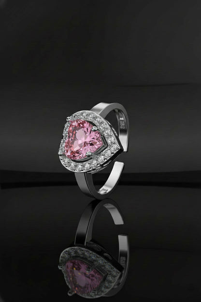 925 Ayar Pembe Taşlı Rodyum Pırlanta Işıltılı Kalp Ayarlanabilir Gümüş Yüzük