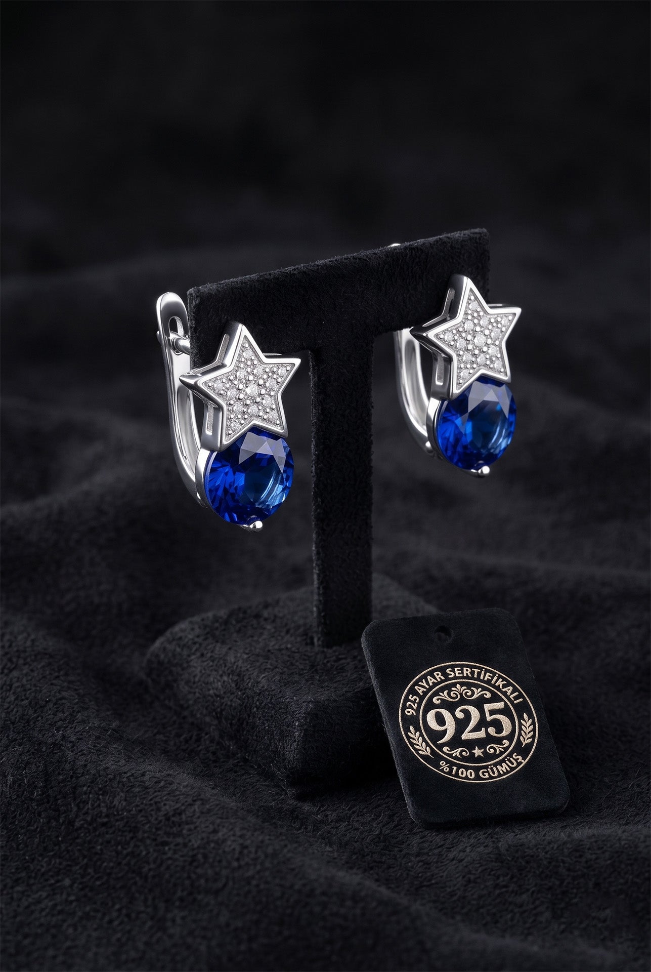 925 Ayar Rodyum Kaplama Zirkon-Safir Taşlı Tektaş Yıldız Klipsli Gümüş Küpe