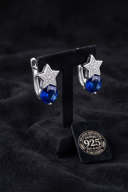 925 Ayar Rodyum Kaplama Zirkon-Safir Taşlı Tektaş Yıldız Klipsli Gümüş Küpe