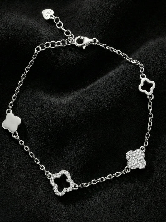 925 Ayar Rodyum Zirkon Taşlı Dört Sıra Yonca Zarif Gümüş Bileklik