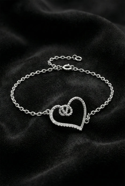 925 Ayar Rodyum Zirkon Taşlı Düğüm Kalp Gümüş Bileklik