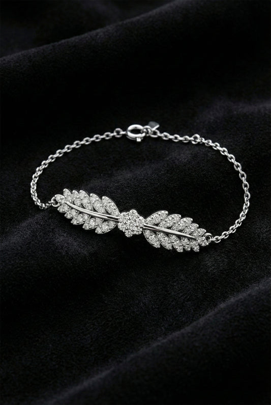 925 Ayar Rodyum Zirkon Taşlı Yaprak Motifli Işıltılı Gümüş Bileklik