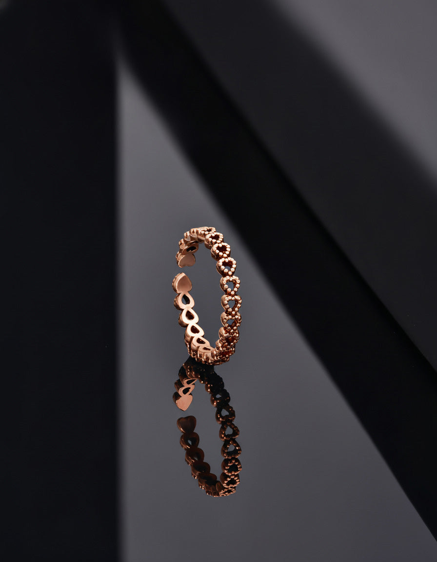 925 Ayar Rose Sıralı Tamtur Kalp Ayarlanabilir Gümüş Yüzük