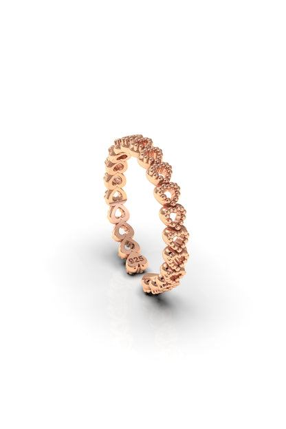 925 Ayar Rose Sıralı Tamtur Kalp Ayarlanabilir Gümüş Yüzük