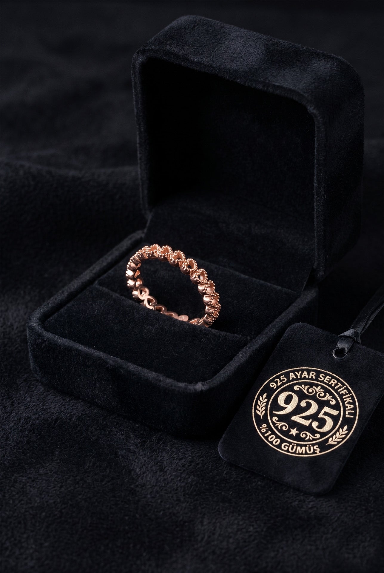925 Ayar Rose Sıralı Tamtur Kalp Ayarlanabilir Gümüş Yüzük