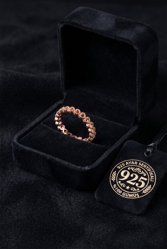 925 Ayar Rose Sıralı Tamtur Kalp Ayarlanabilir Gümüş Yüzük