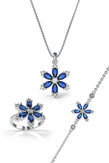 925 Ayar Safir Taşlı Rodyum Lotus Çiçeği 3'lü Gümüş Set
