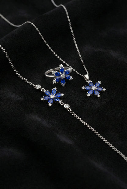 925 Ayar Safir Taşlı Rodyum Lotus Çiçeği 3'lü Gümüş Set