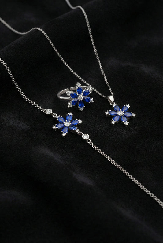 925 Ayar Safir Taşlı Rodyum Lotus Çiçeği 3'lü Gümüş Set