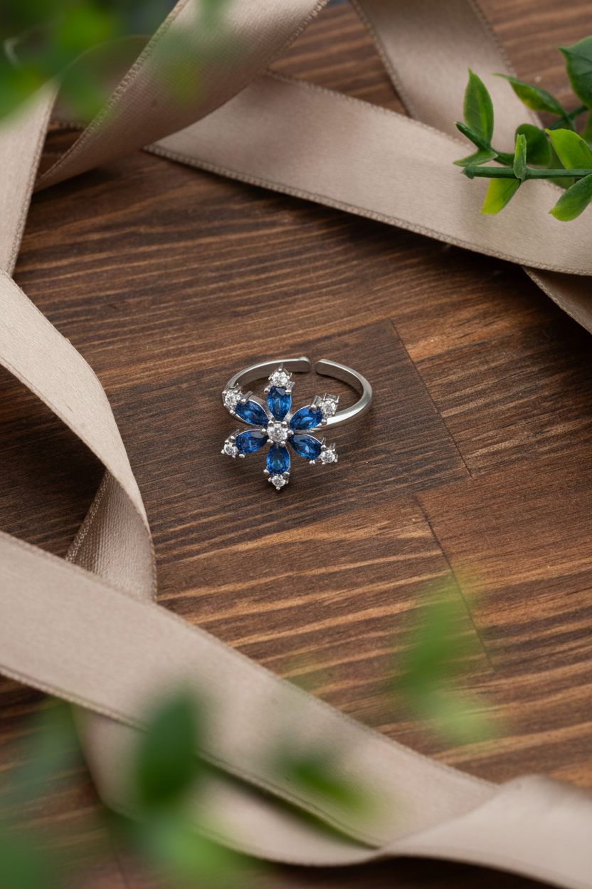 925 Ayar Safir Taşlı Rodyum Lotus Çiçeği Ayarlanabilir Gümüş Yüzük