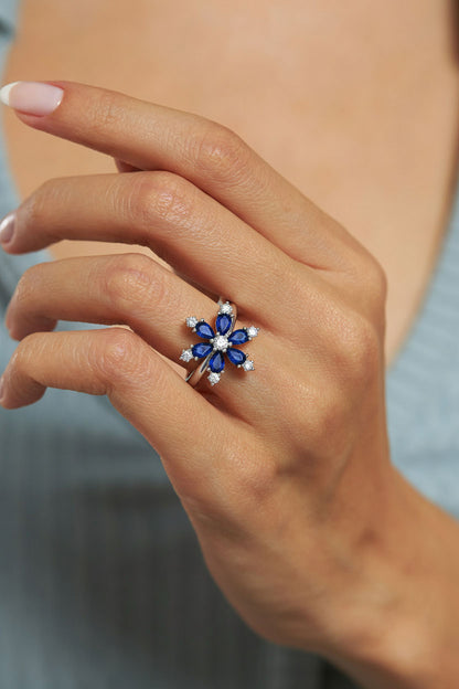 925 Ayar Safir Taşlı Rodyum Lotus Çiçeği Ayarlanabilir Gümüş Yüzük