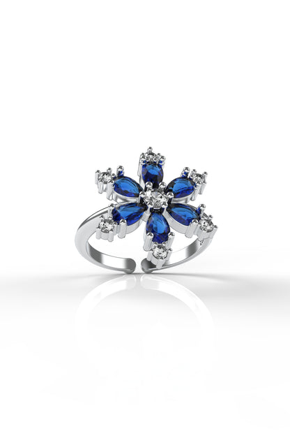 925 Ayar Safir Taşlı Rodyum Lotus Çiçeği Ayarlanabilir Gümüş Yüzük
