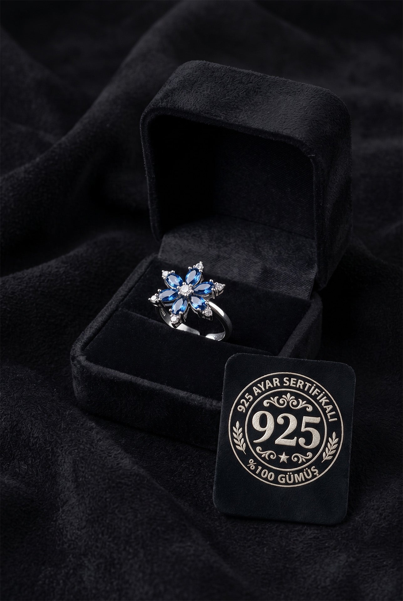925 Ayar Safir Taşlı Rodyum Lotus Çiçeği Ayarlanabilir Gümüş Yüzük