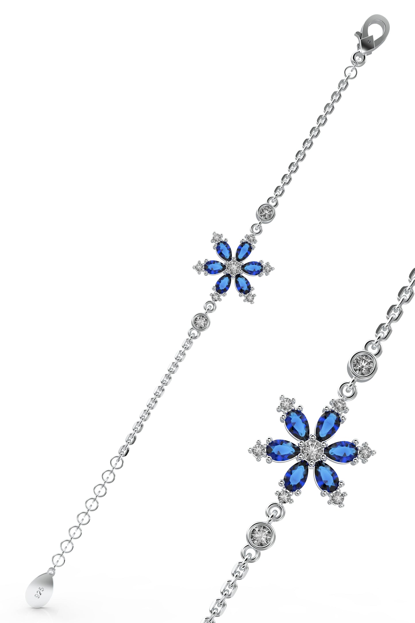 925 Ayar Safir Taşlı Rodyum Lotus Çiçeği Gümüş Bileklik