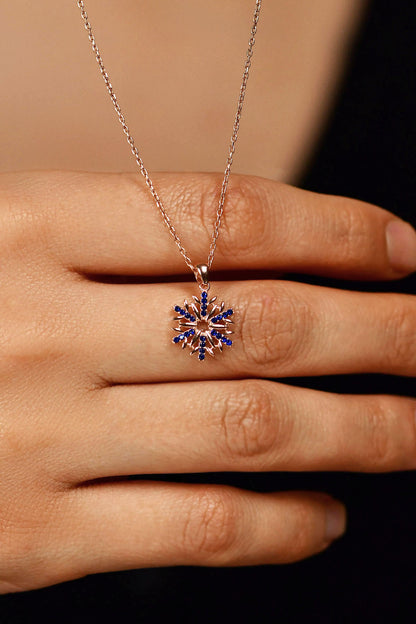 925 Ayar Safir Taşlı Rose Kar Tanesi Gümüş Kolye
