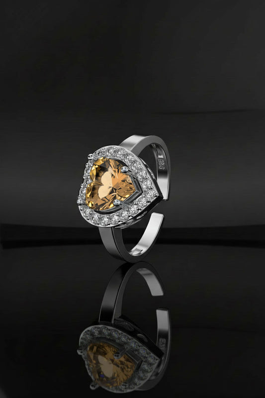 925 Ayar Sitrin Taşlı Rodyum Pırlanta Işıltılı Kalp Ayarlanabilir Gümüş Yüzük