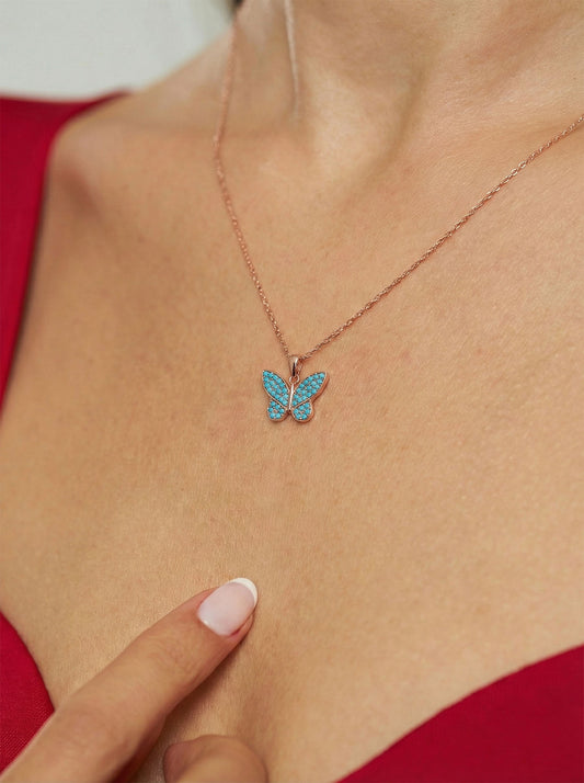 925 Ayar Turkuaz Taşlı Rose Kelebek Gümüş Kolye