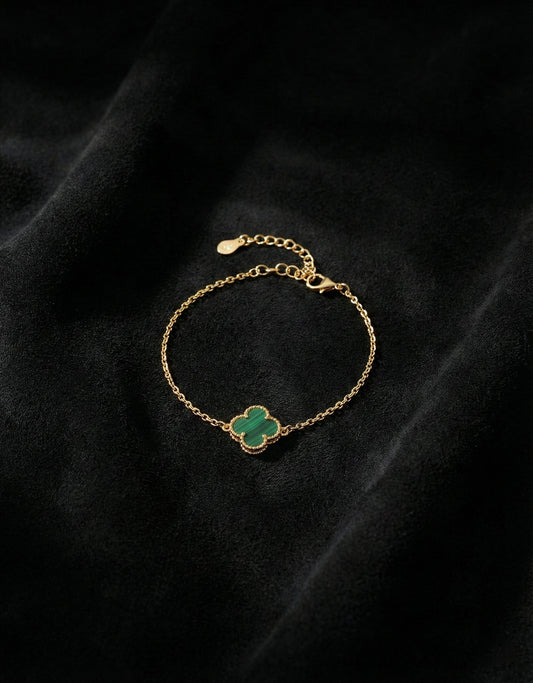 925 Ayar Yeşil Kaplangözü Taşlı Gold Tekli Yonca Gümüş Bileklik