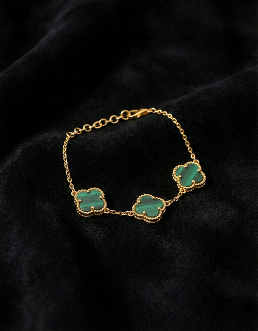 925 Ayar Yeşil Kaplangözü Taşlı Gold Van Cleef Üçlü Yonca Gümüş Bileklik