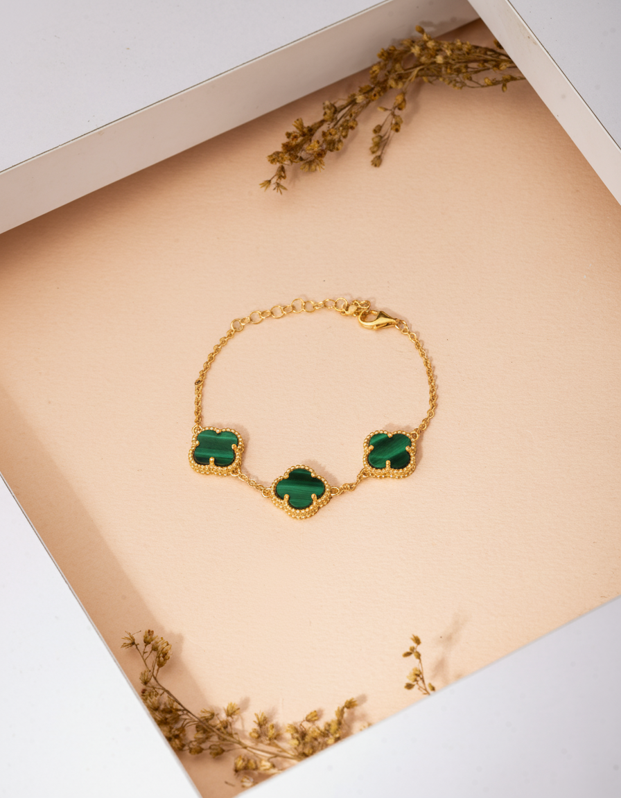 925 Ayar Yeşil Kaplangözü Taşlı Gold Van Cleef Üçlü Yonca Gümüş Bileklik