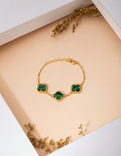 925 Ayar Yeşil Kaplangözü Taşlı Gold Van Cleef Üçlü Yonca Gümüş Bileklik