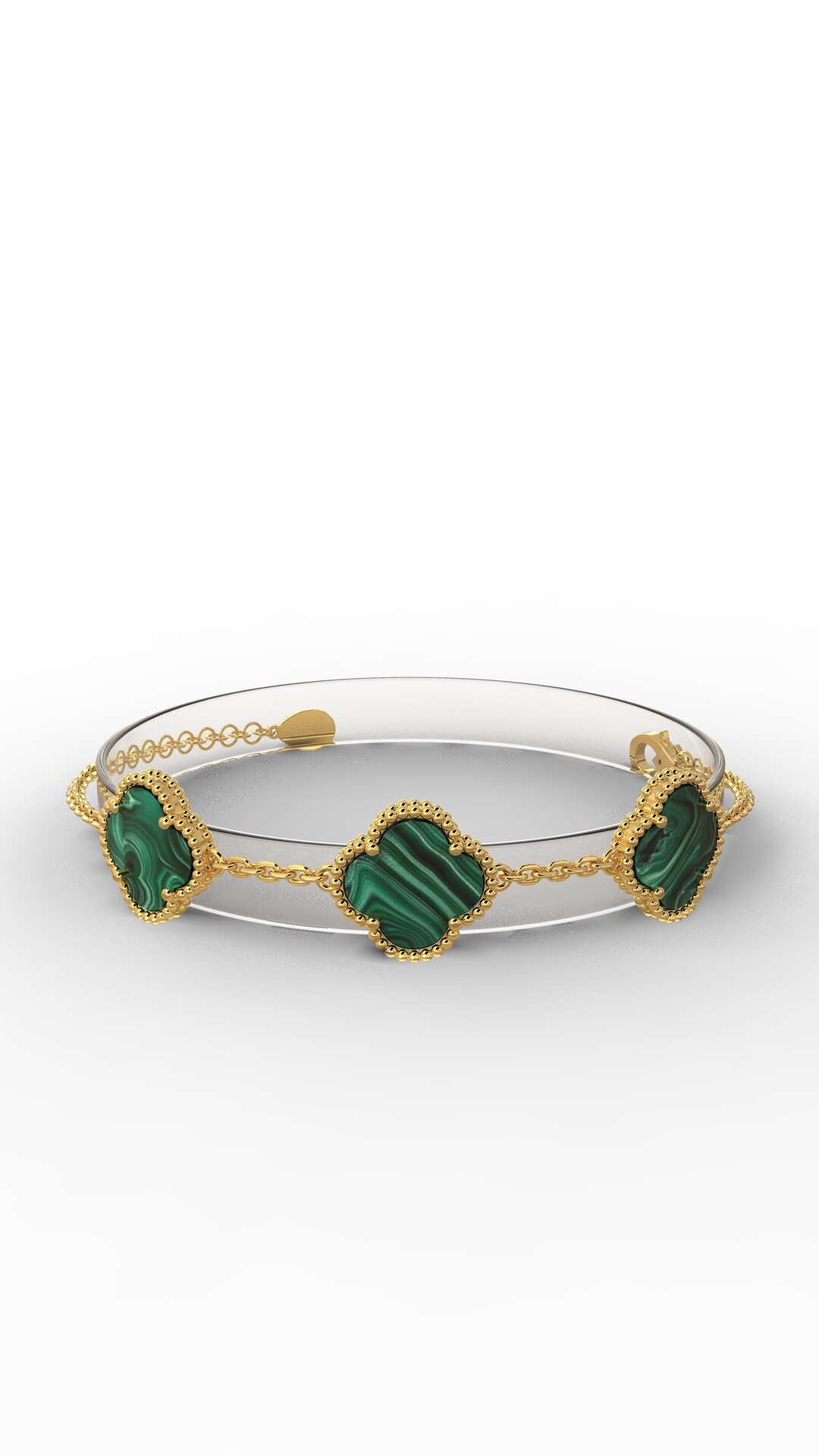 925 Ayar Yeşil Kaplangözü Taşlı Gold Van Cleef Üçlü Yonca Gümüş Bileklik