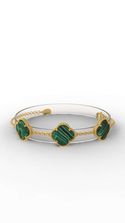 925 Ayar Yeşil Kaplangözü Taşlı Gold Van Cleef Üçlü Yonca Gümüş Bileklik