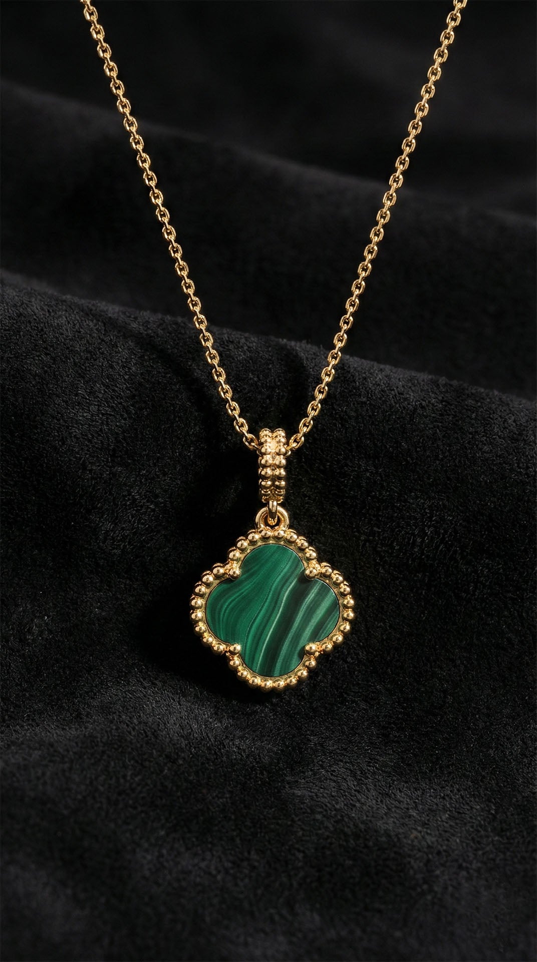 925 Ayar Yeşil Kaplangözü Taşlı Gold Van Cleef Yonca Gümüş Kolye
