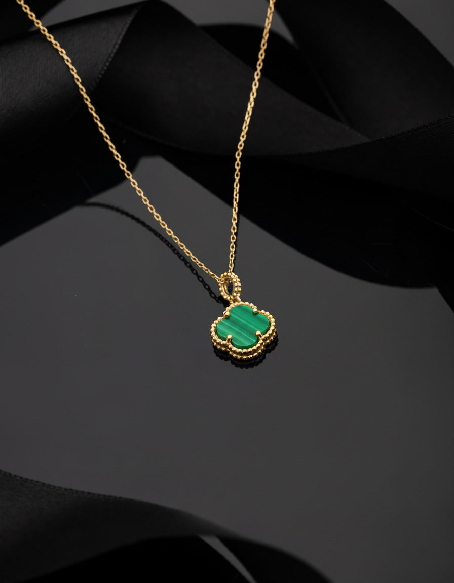 925 Ayar Yeşil Kaplangözü Taşlı Gold Van Cleef Yonca Gümüş Kolye