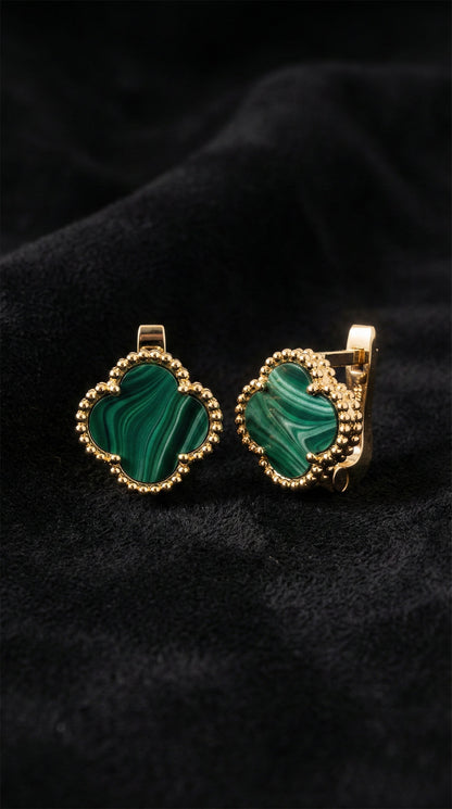 925 Ayar Yeşil Kaplangözü Taşlı Gold Van Cleef Yonca Gümüş Küpe