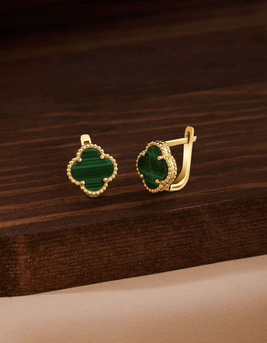 925 Ayar Yeşil Kaplangözü Taşlı Gold Van Cleef Yonca Gümüş Küpe