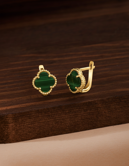 925 Ayar Yeşil Kaplangözü Taşlı Gold Van Cleef Yonca Gümüş Küpe