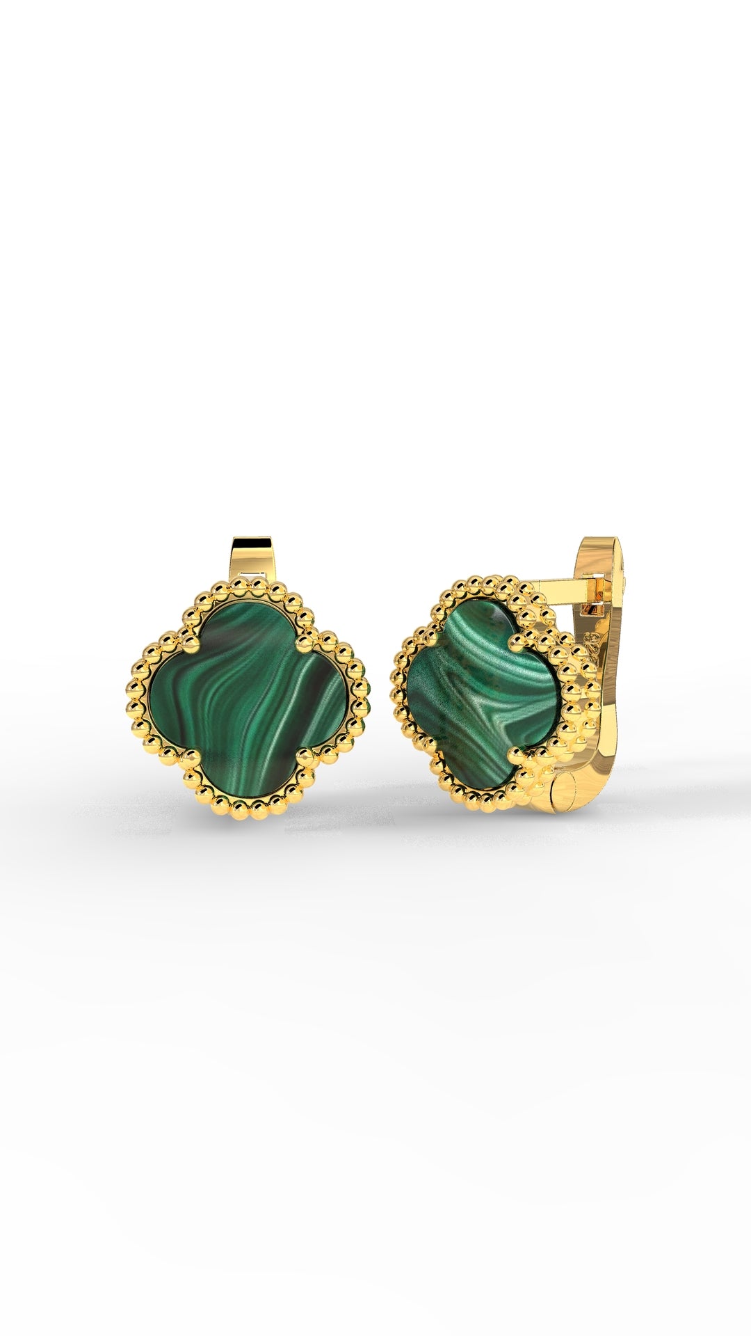 925 Ayar Yeşil Kaplangözü Taşlı Gold Van Cleef Yonca Gümüş Küpe