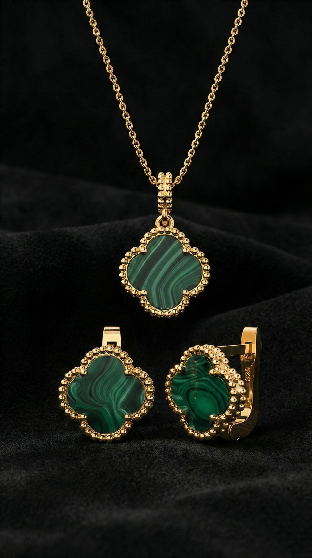925 Ayar Yeşil Kaplangözü Taşlı Gold Van Cleef Yonca Kolye Küpe 2'li Gümüş Set-Takım