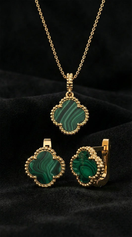 925 Ayar Yeşil Kaplangözü Taşlı Gold Van Cleef Yonca Kolye Küpe 2'li Gümüş Set-Takım