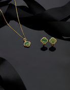 925 Ayar Yeşil Kaplangözü Taşlı Gold Yonca Kolye Küpe 2'li Gümüş Set-Takım