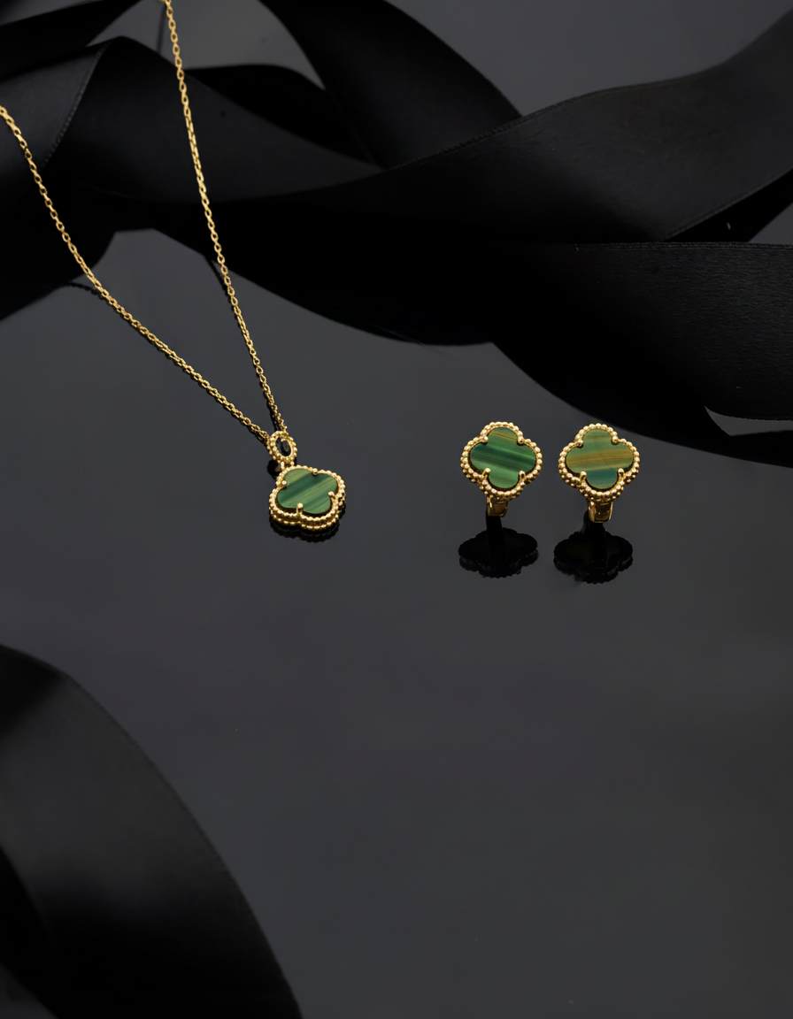 925 Ayar Yeşil Kaplangözü Taşlı Gold Yonca Kolye Küpe 2'li Gümüş Set-Takım