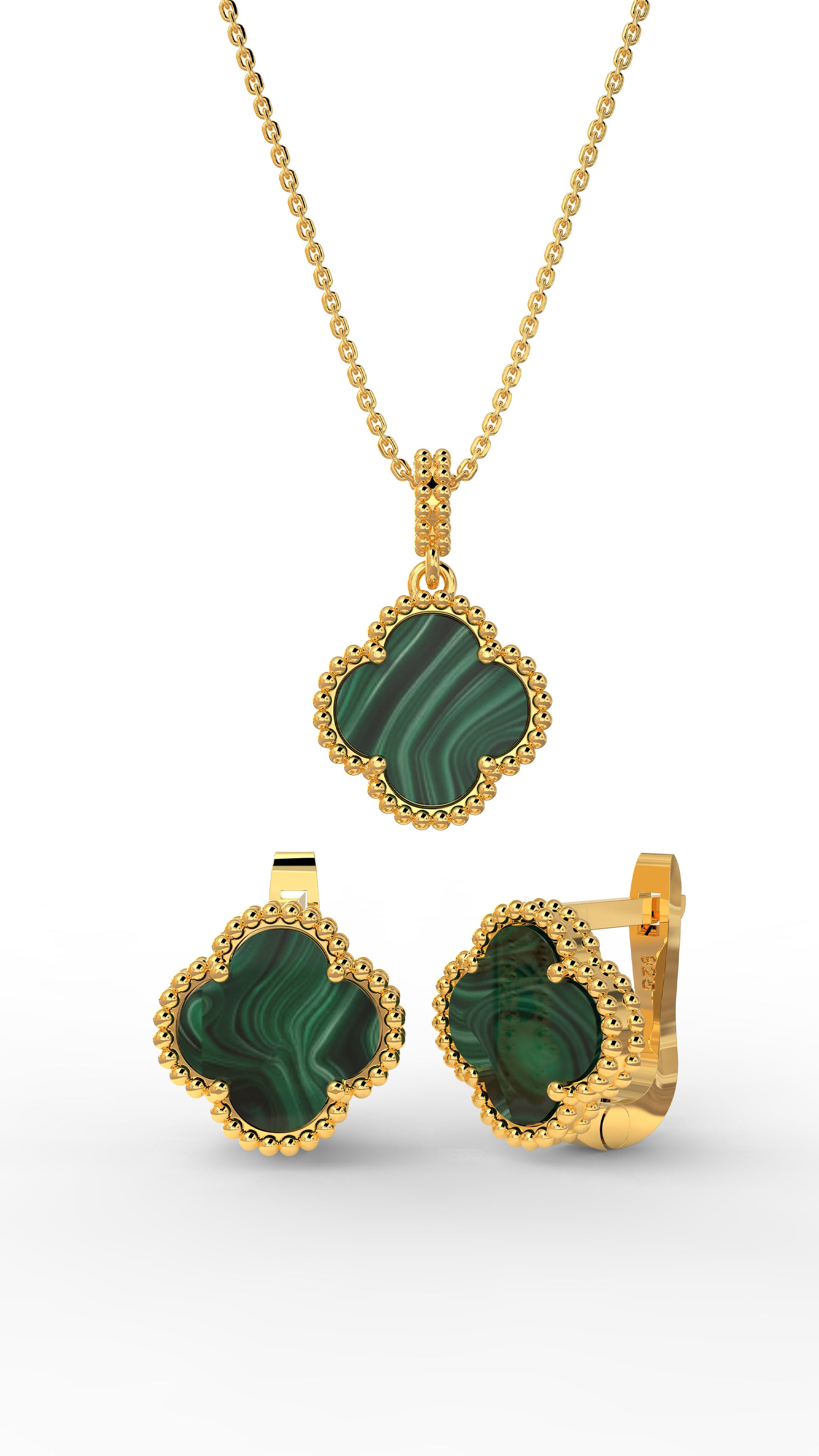 925 Ayar Yeşil Kaplangözü Taşlı Gold Yonca Kolye Küpe 2'li Gümüş Set-Takım