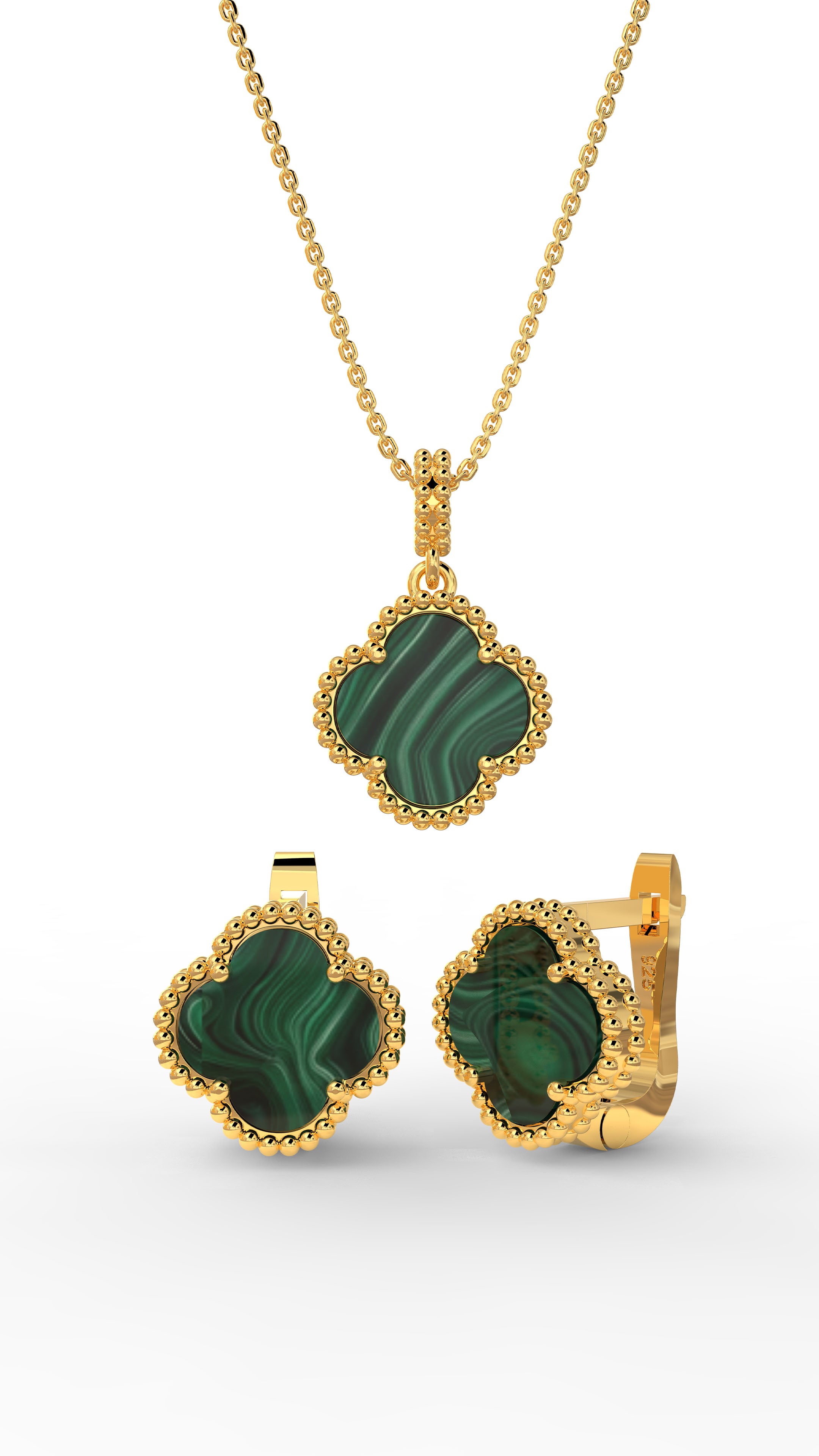 925 Ayar Yeşil Kaplangözü Taşlı Gold Yonca Kolye Küpe 2'li Gümüş Set-Takım